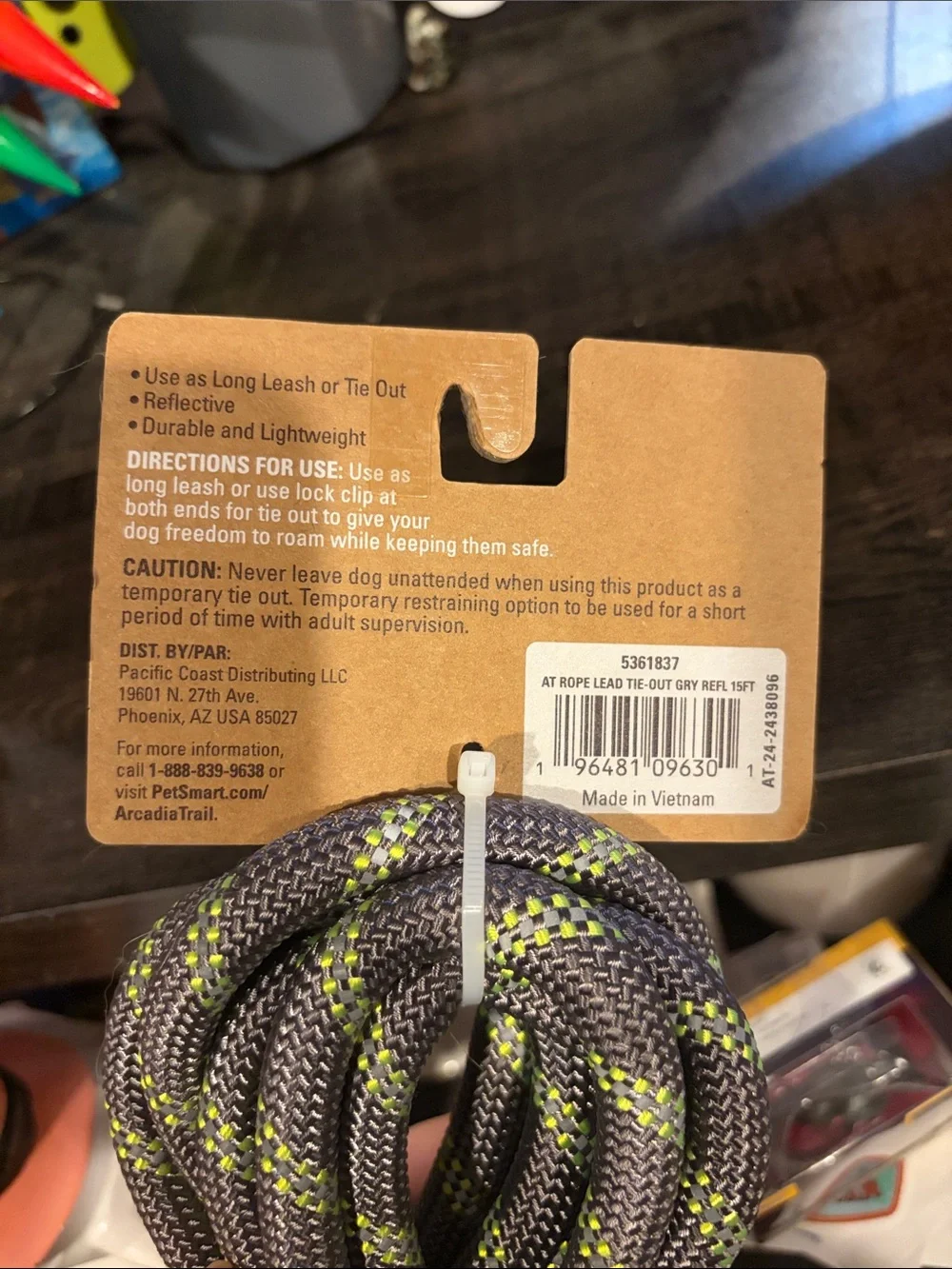 Arcadia Trail Reflective Multi-Use Rope Dog Leash, Grey, 15-ft long